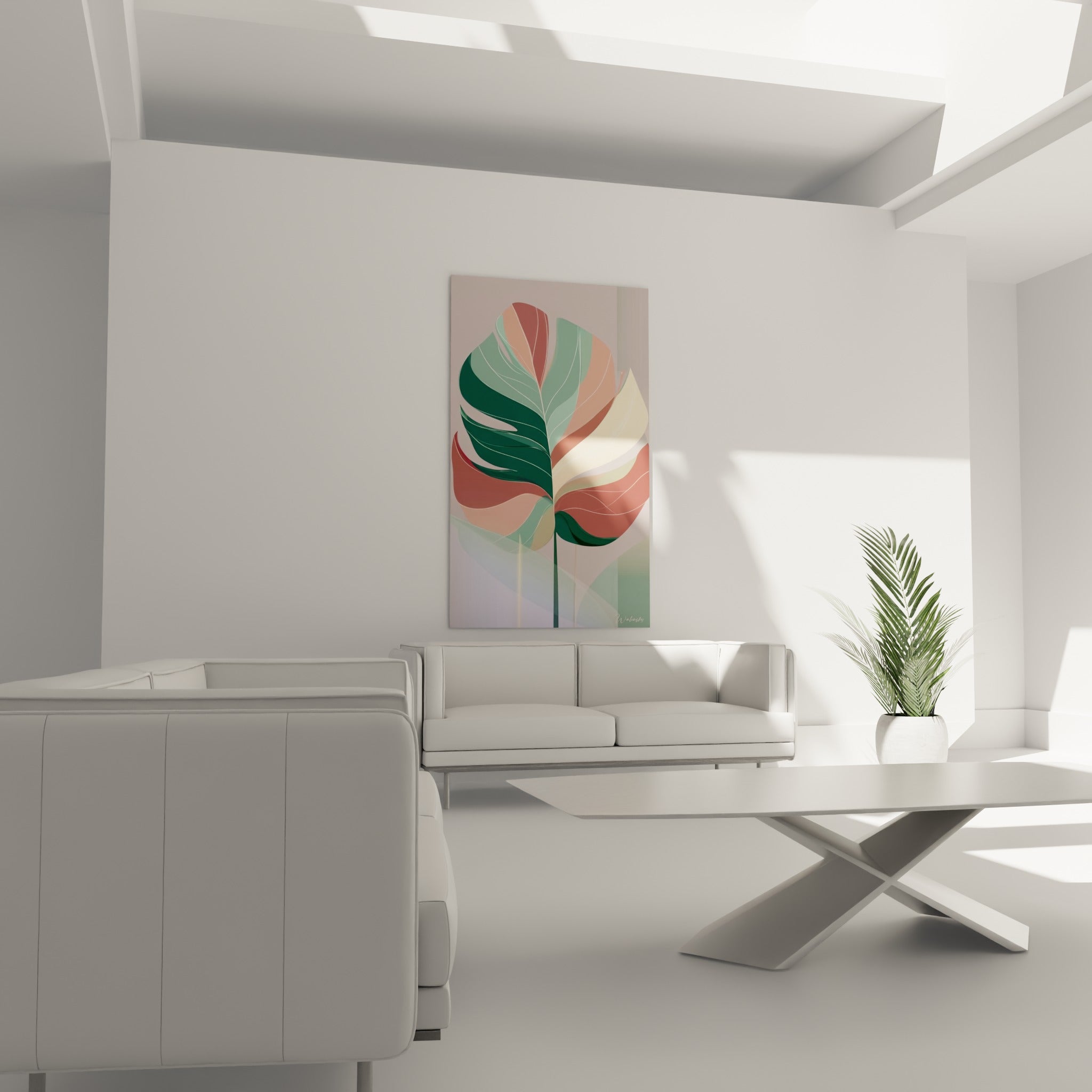 Monstera terracotta et crème, feuille tropicale illustrée accrochée au-dessus d'un canapé dans un salon lumineux