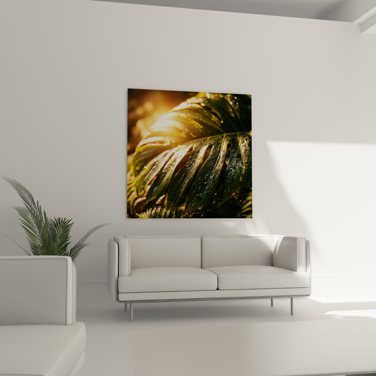 Monstera baigné de lumière dorée, nervures vertes marquées, au-dessus d'un canapé dans un salon lumineux