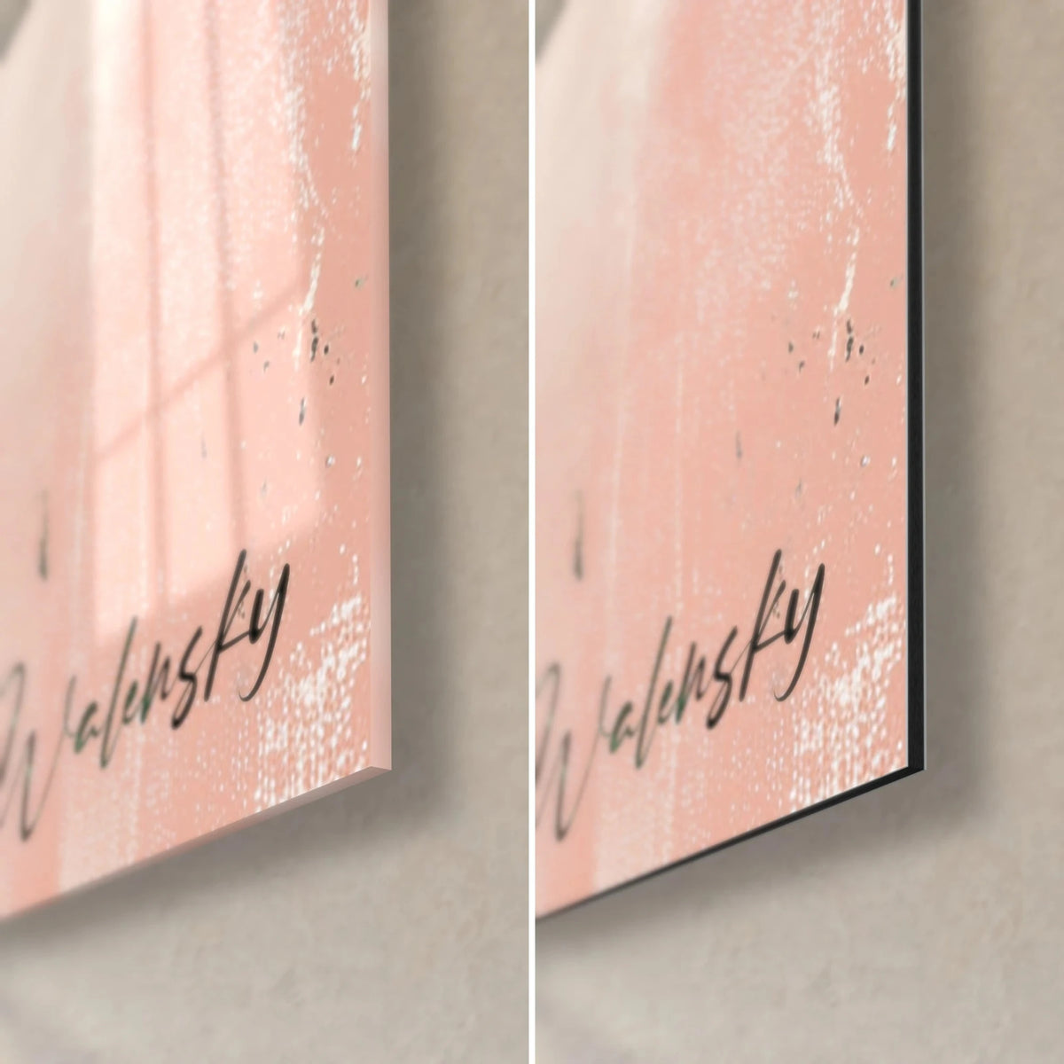 Wall art of tropical foliage in emerald green on salmon pink, signed Walensky in the bottom right corner, glossy glass and matte Dibond