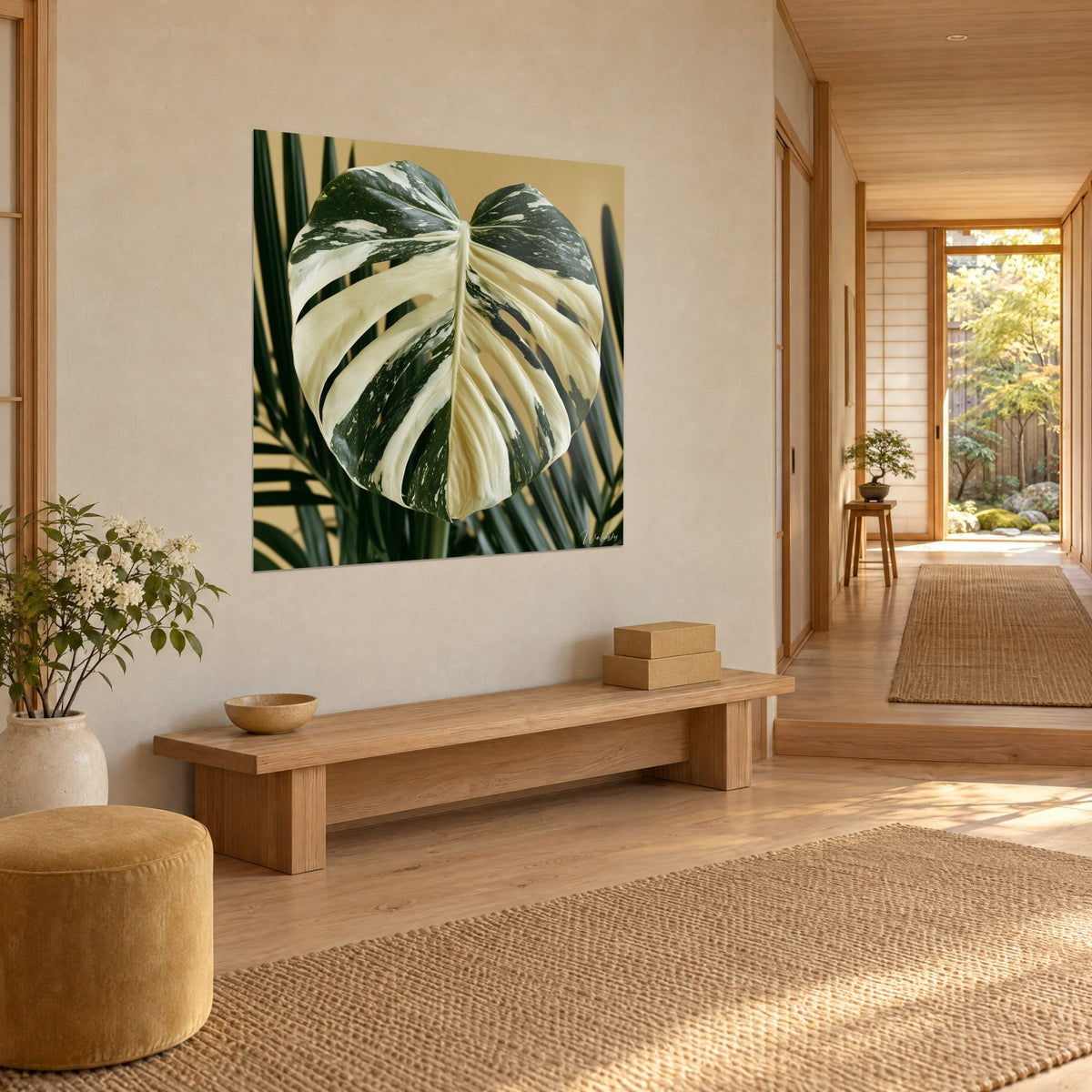 Wall art giant leaf marbled in ivory and forest green, pale central midrib, hung beside a japandi wooden bench