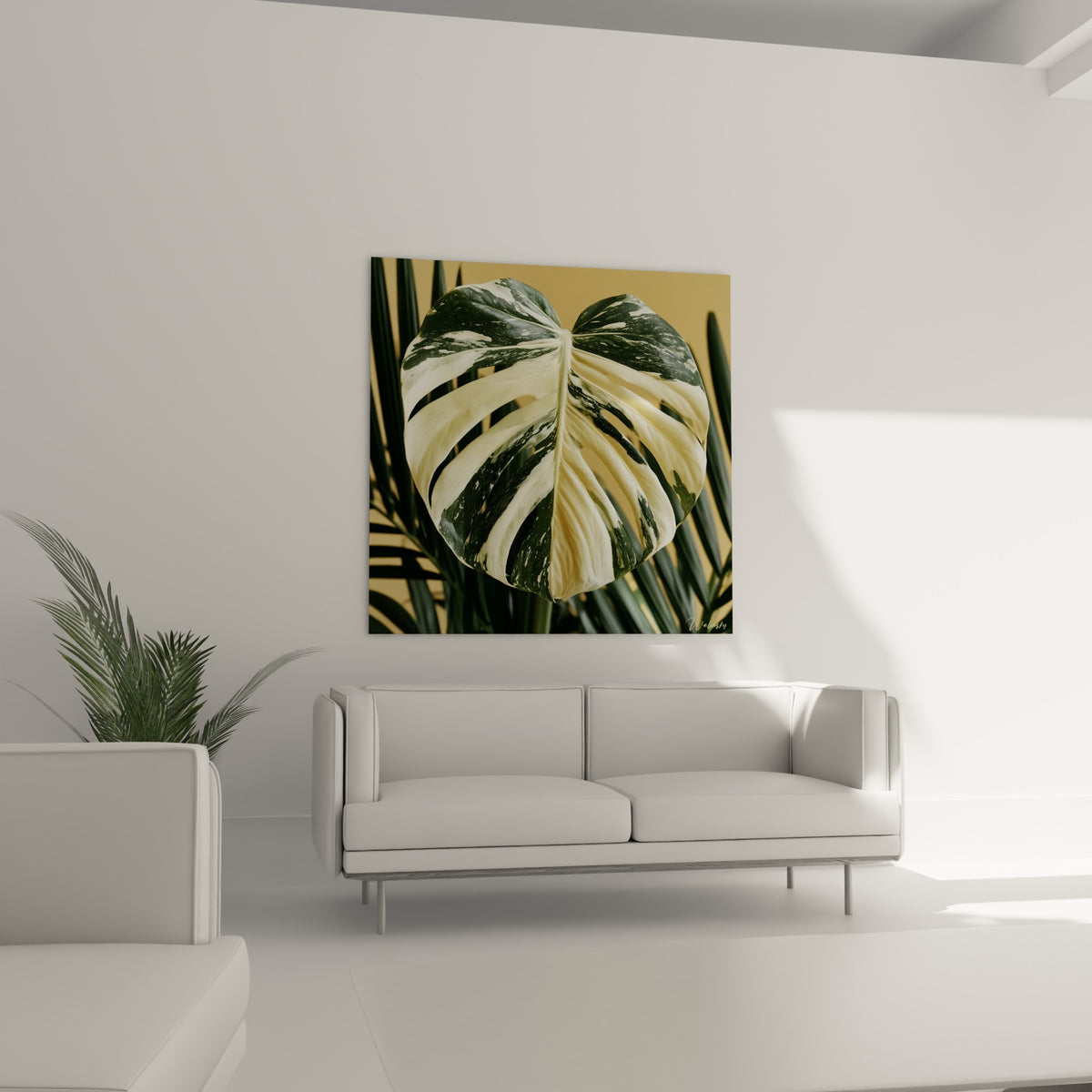 Monstera aux teintes blanches et anthracite, nervures marquées, au-dessus d'un canapé dans un salon lumineux