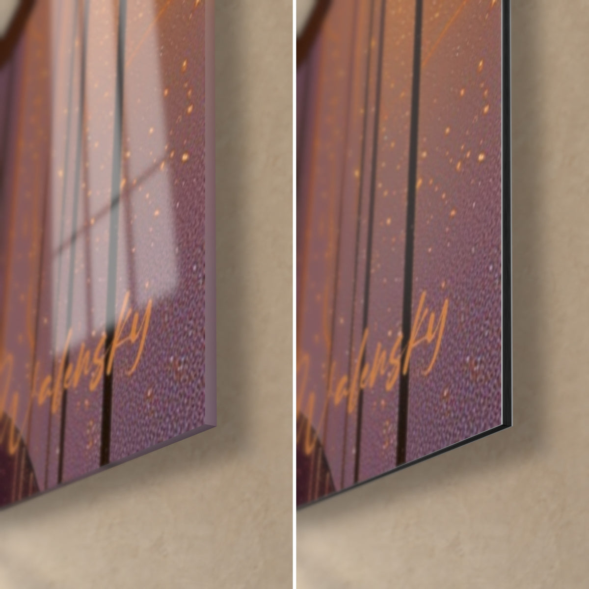 Wall art purple gold leaves, bottom right corner: glossy acrylic glass reflecting the window, matte Dibond aluminium, 3 mm edge