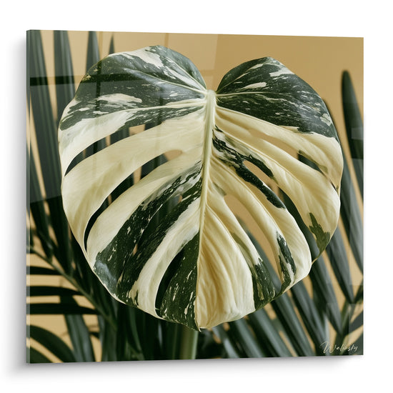 Tableau Feuille panachée blanc et vert fond ocre - Trésor botanique - Edition Monstera