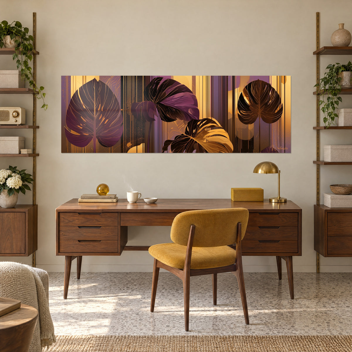 Tableau triptyque de feuilles améthyste et cuivre aux coulures dorées, accroché au-dessus d'un bureau en bois et d'un fauteuil moutarde