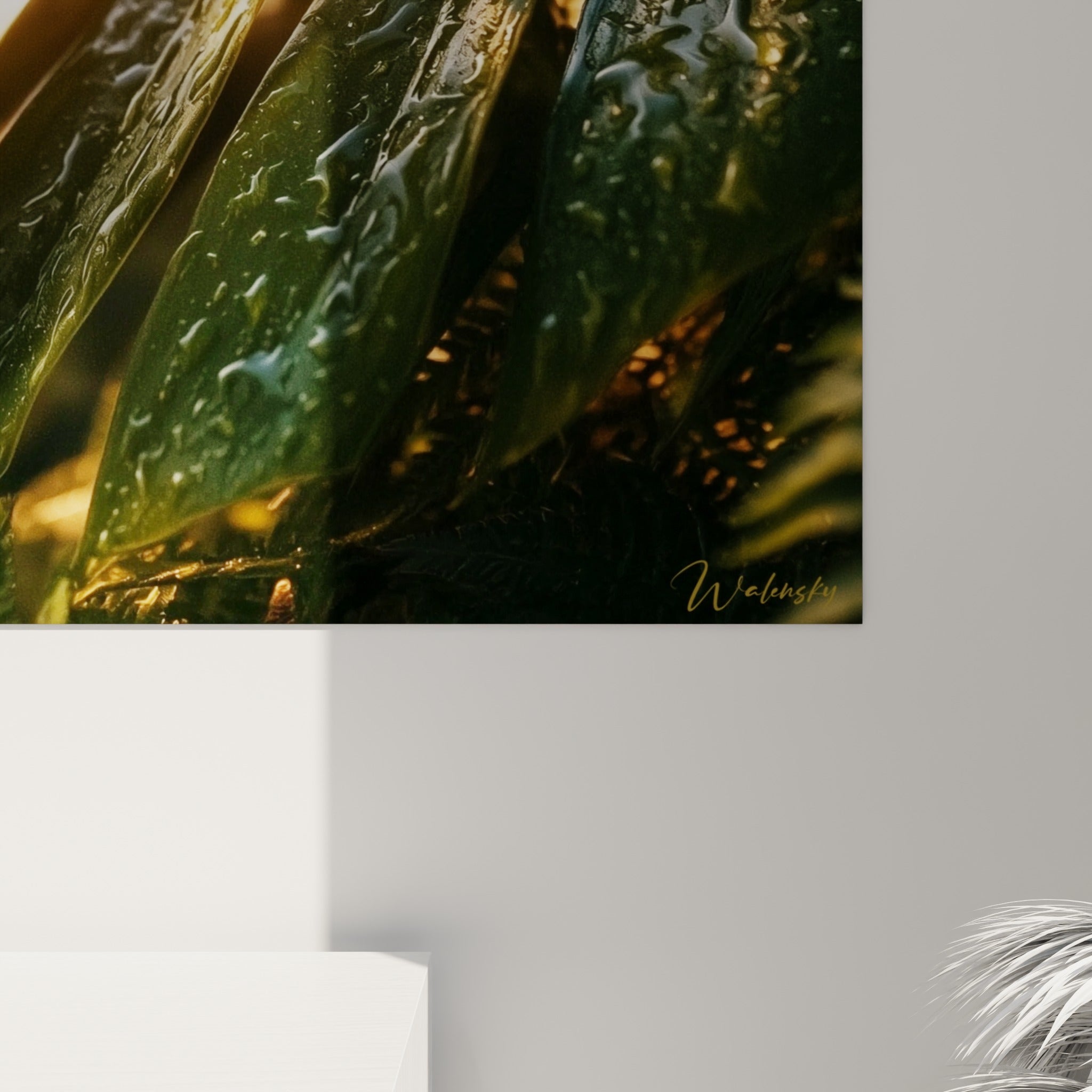Détail du Monstera imprimé : gouttes d'eau brillantes, texture verte luisante et reflets ambrés visibles de près