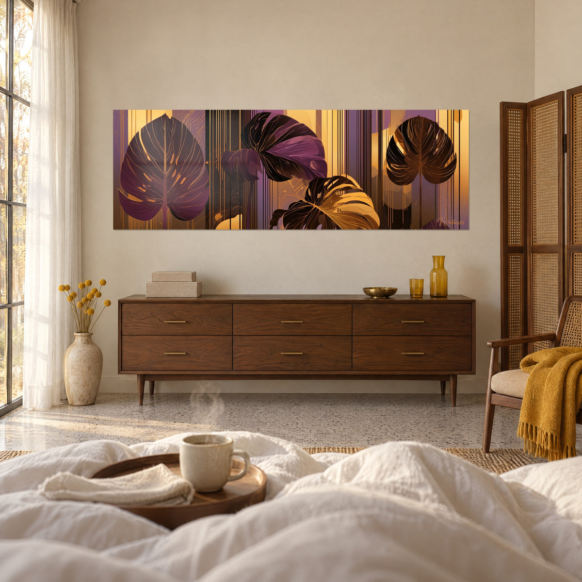 Tableau frondaisons mauves bordées d'or sur bandes ambrées, au-dessus d'un lit dans une chambre claire