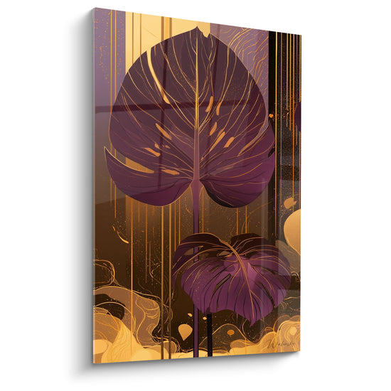 Tableau Feuilles violettes et dorées veinées - Éclat tropical nocturne - Edition Monstera