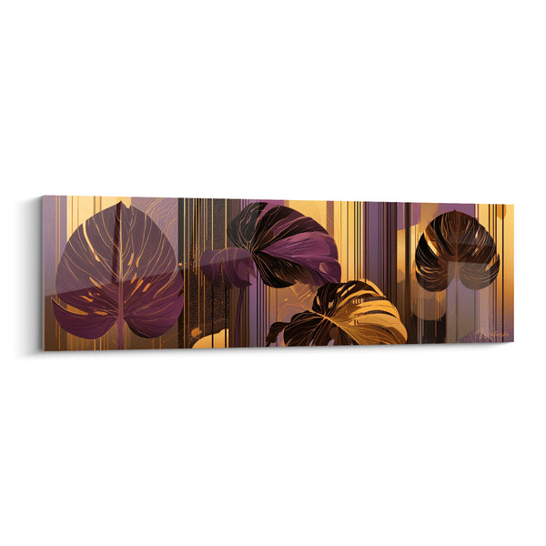 Tableau Feuilles violettes et dorées à rayures - Crépuscule tropical - Edition Monstera