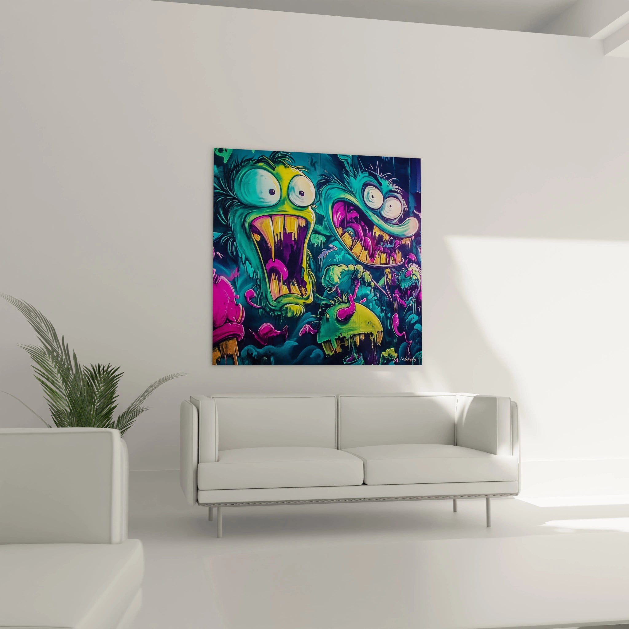 Un tableau créatures fluorescentes illustrant des personnages aux dents acérées jaunes et expressions exagérées, dominé par des couleurs néon de turquoise, rose vif et jaune, avec des effets de street art comme éclaboussures et dégradés.
