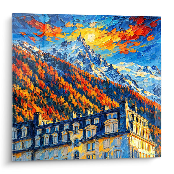 Gemälde Alpennadel mit orangefarbenen Wäldern - Abendglut - Edition Mont Blanc Auvergne-Rhône-Alpes Frankreich