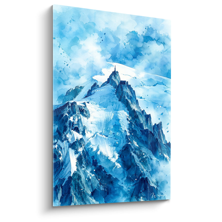 Πίνακας Aiguille du Midi σε μπλε και λευκό με αντένα - Μονόχρωμη παγερή ακουαρέλα - Έκδοση Mont Blanc Auvergne-Rhône-Alpes Γαλλία