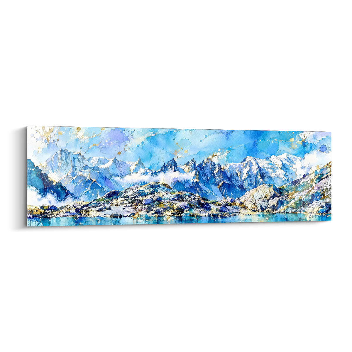 Wall art Mont Blanc in blue and gold watercolour, snowy peaks overlooking a turquoise lake