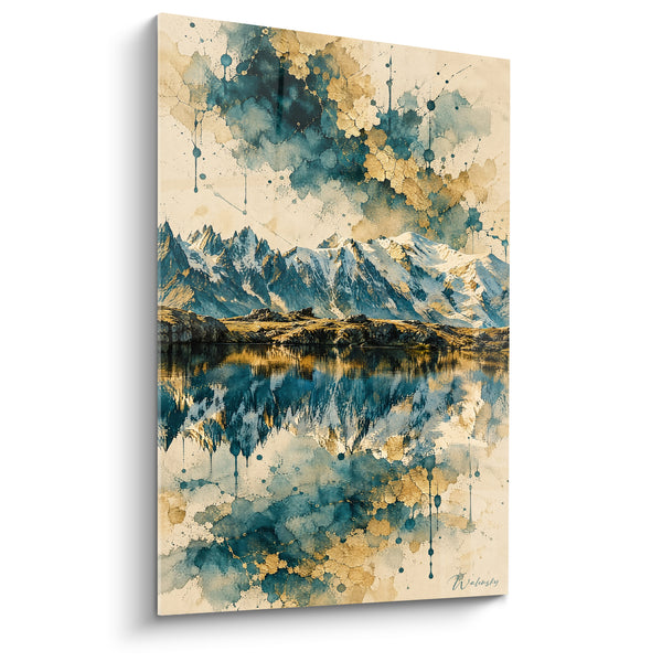 Tableau Massif rocheux bleu et doré aux éclaboussures d'encre - Papier ancien taché - Edition Mont Blanc  Auvergne-Rhône-Alpes France