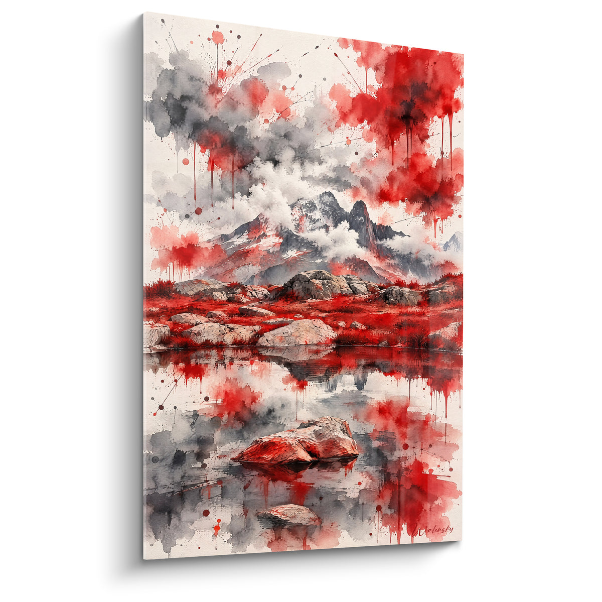 Wall art Mont Blanc in watercolour, vivid red and anthracite grey, snowy peaks reflected on a still lake