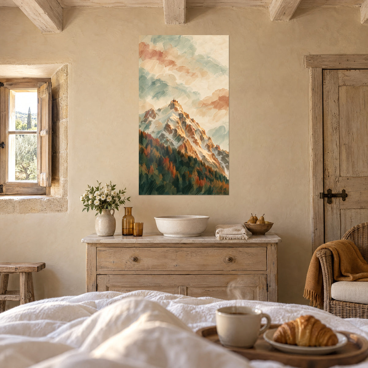 Wall art alpine massif with ochre ridges and white snow, salmon and aquamarine clouds, above a bed in a light bedroom