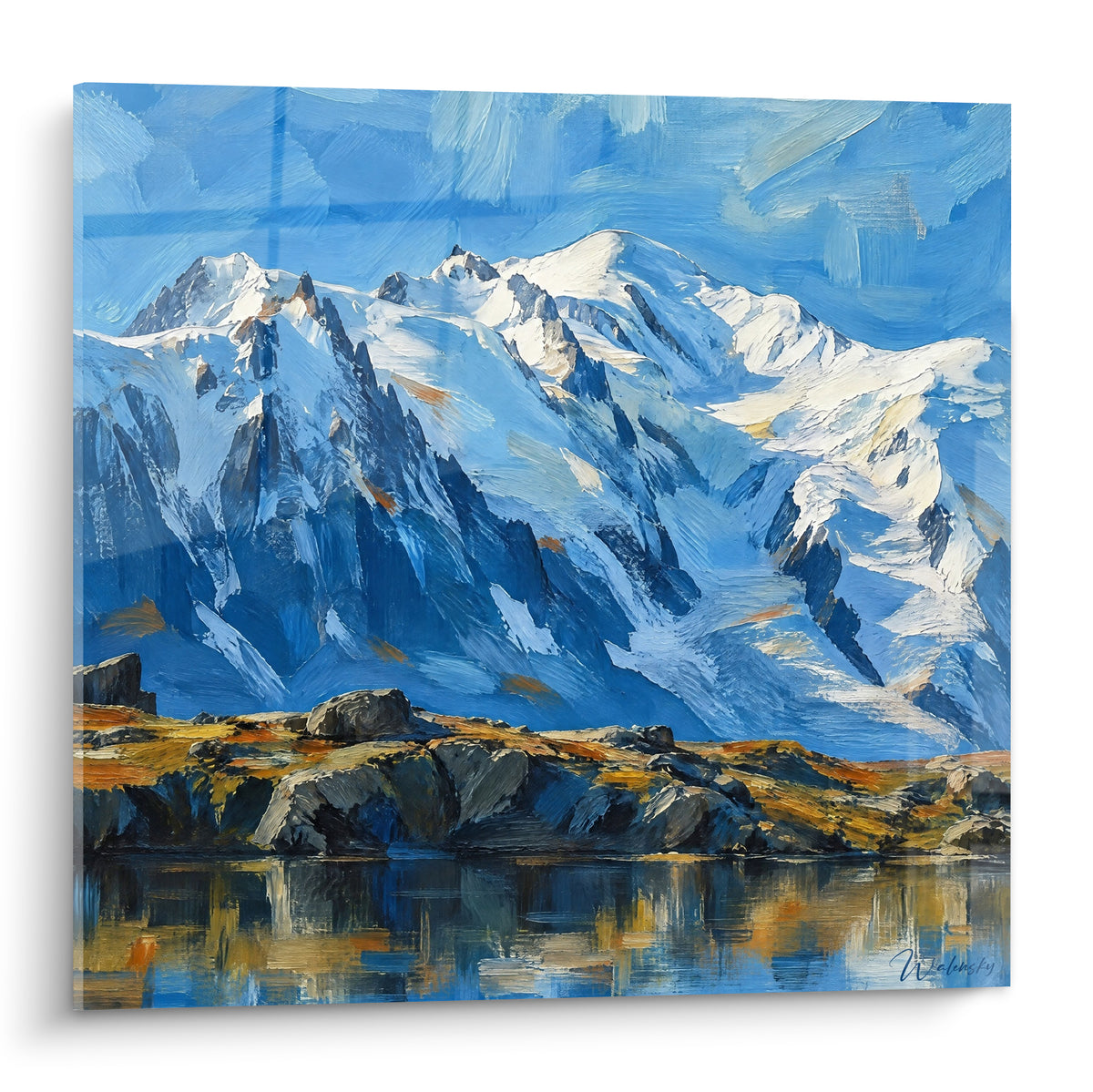 Cuadro Mont Blanc nevado en azul glaciar y dorado, cumbres pintadas con espátula sobre un lago tranquilo