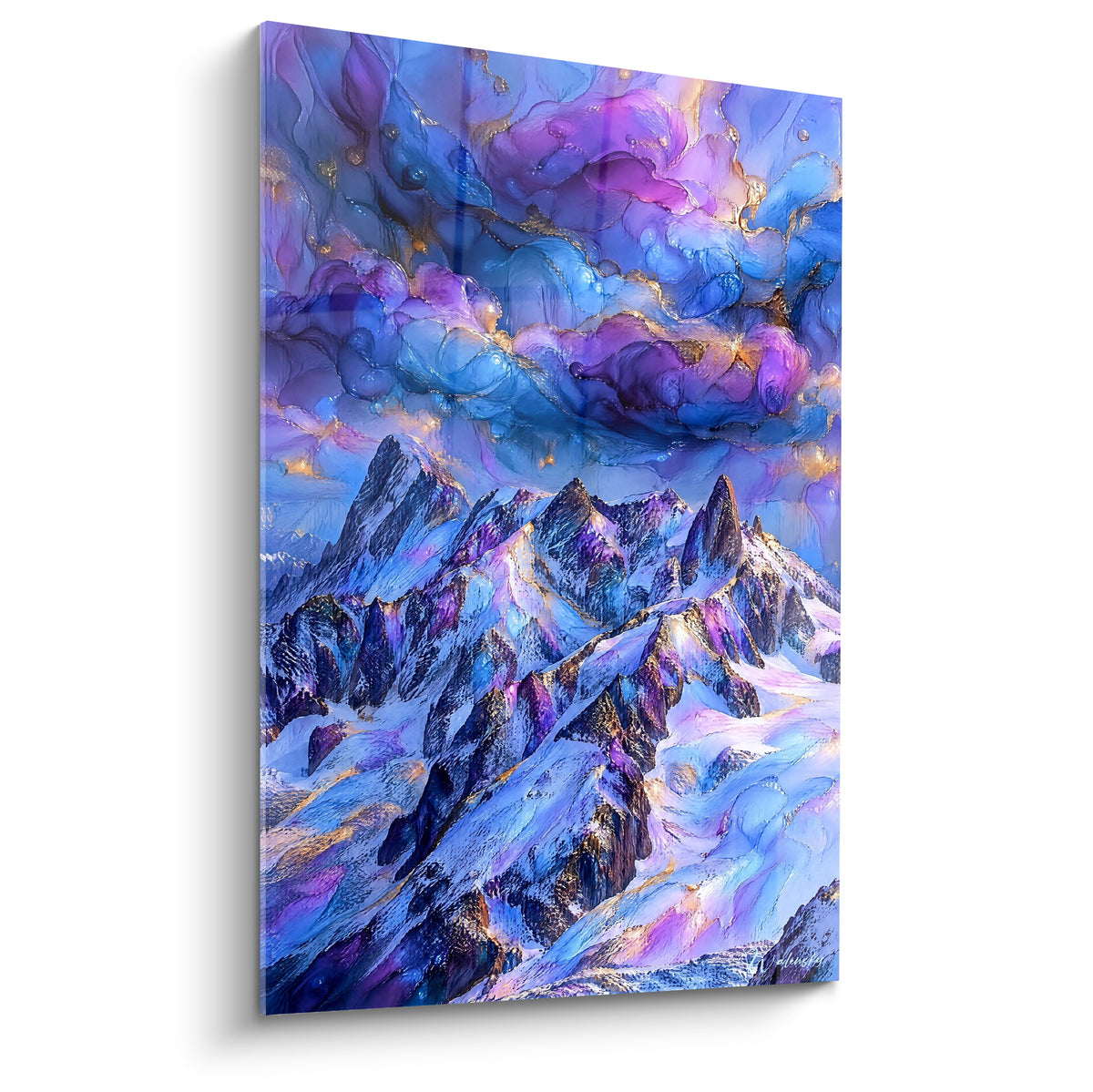 Wall art with Mont Blanc summits in blue and violet under a golden sky, fluid painting with luminous reflections