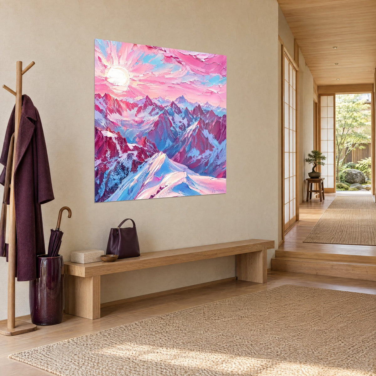 Wall art massive alpine mountain at sunrise, magenta ridges and azure glaciers under a pink sky, three-quarter view in a wood-paneled hallway