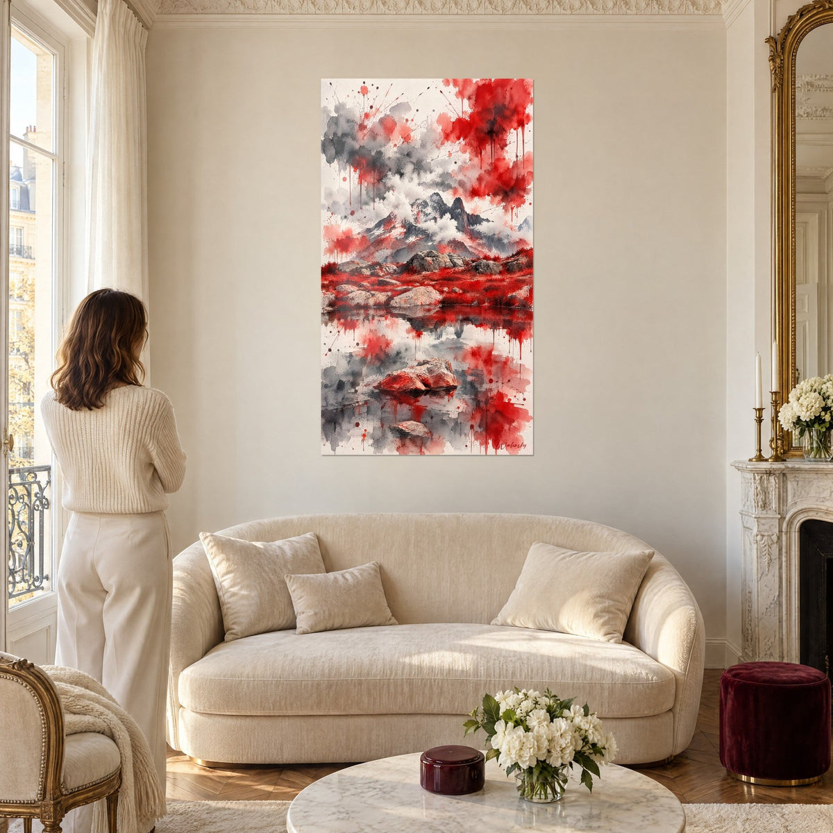 Wall art massive snowy mountain with red and grey drips, reflected in a lake, woman seen from behind, above a sofa in a bright living room