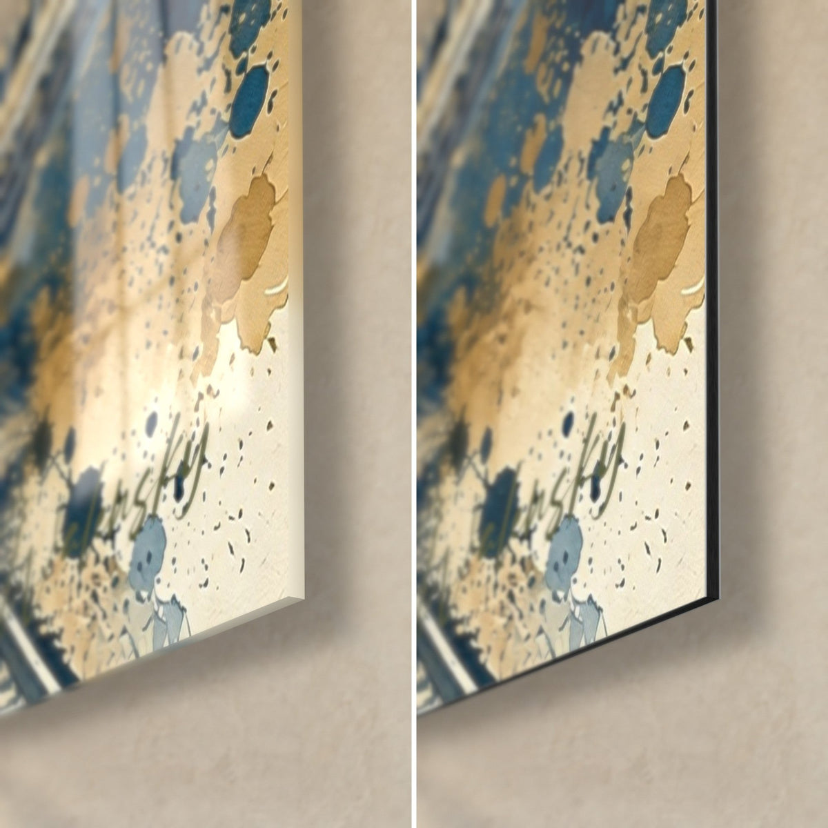 Gemälde verschneite Gipfel in Aquarell, blaue und ockerfarbene Spritzer, Detail unten rechts: glänzendes Acrylglas, mattes Dibond-Aluminium, 3 mm Kante
