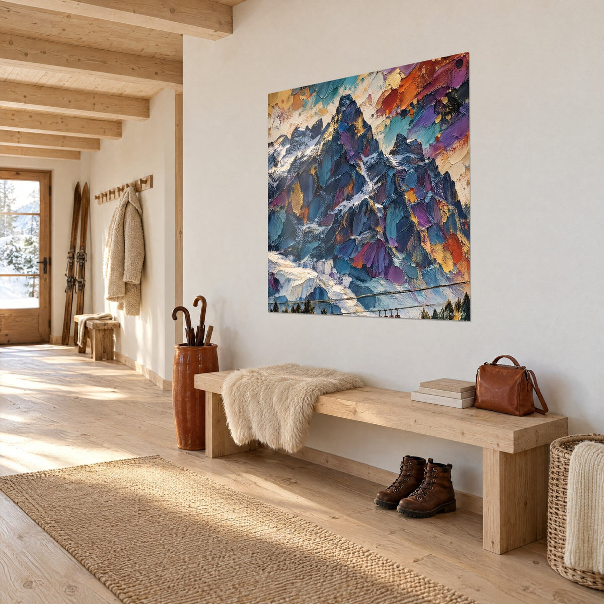 Schilderij van een bergnaald in dik impasto, staalblauw en fel oranje, naast een houten chalet-bank opgehangen