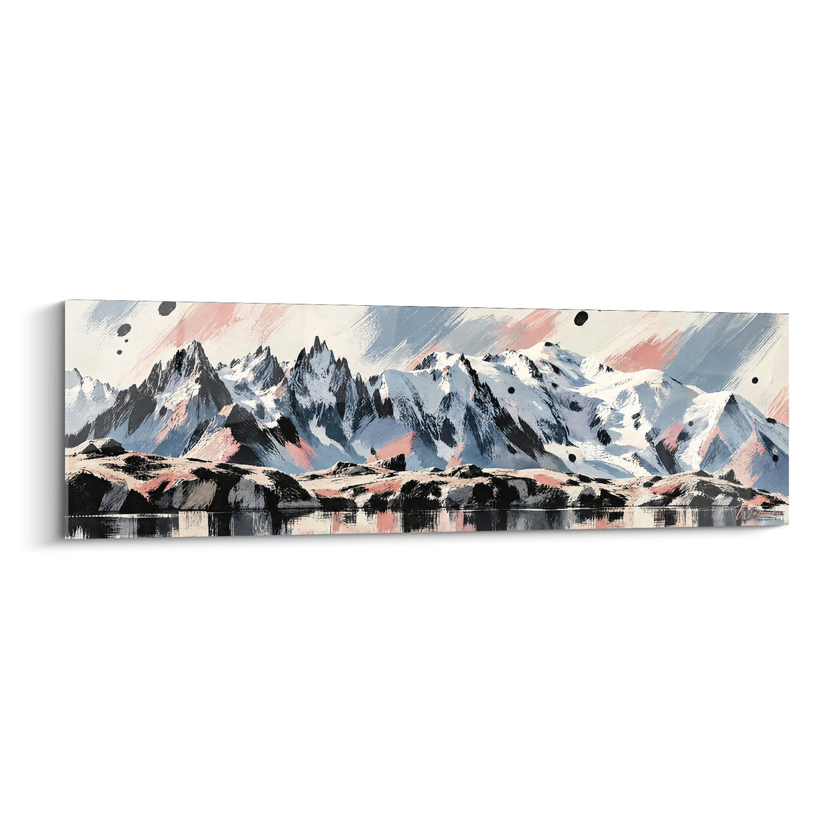 Chaîne du Mont Blanc aux pics anthracite et touches rose poudré se reflétant dans un lac immobile