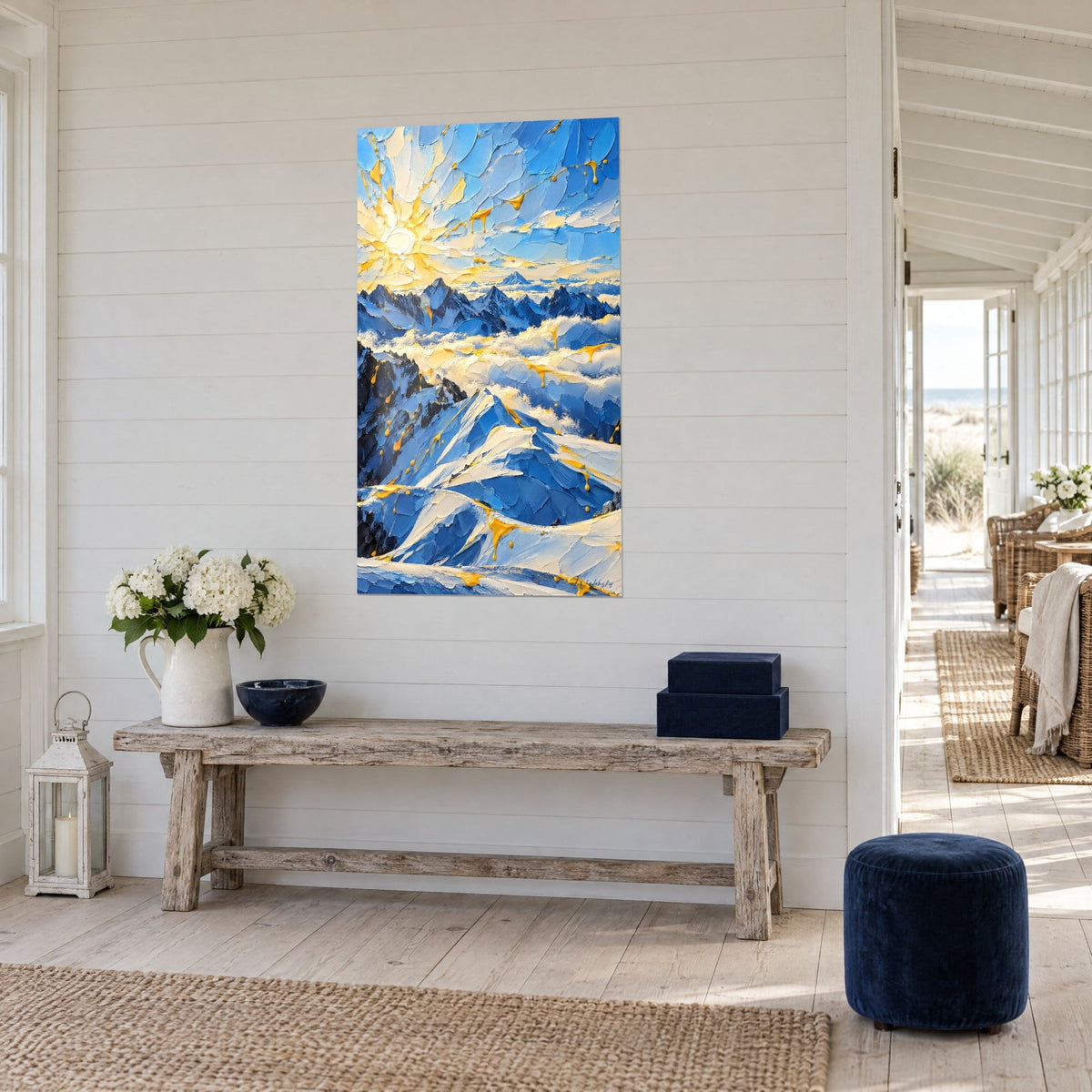 Wall art ivory and cobalt blue sea of clouds, thick impasto peaks, on a wall of white slats beside a bench