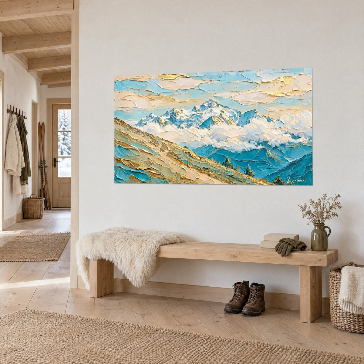 Wall art of a frosted Alpine range under white clouds, ochre-gold and turquoise slope in thick paint, light wooden bench, in a mountain chalet