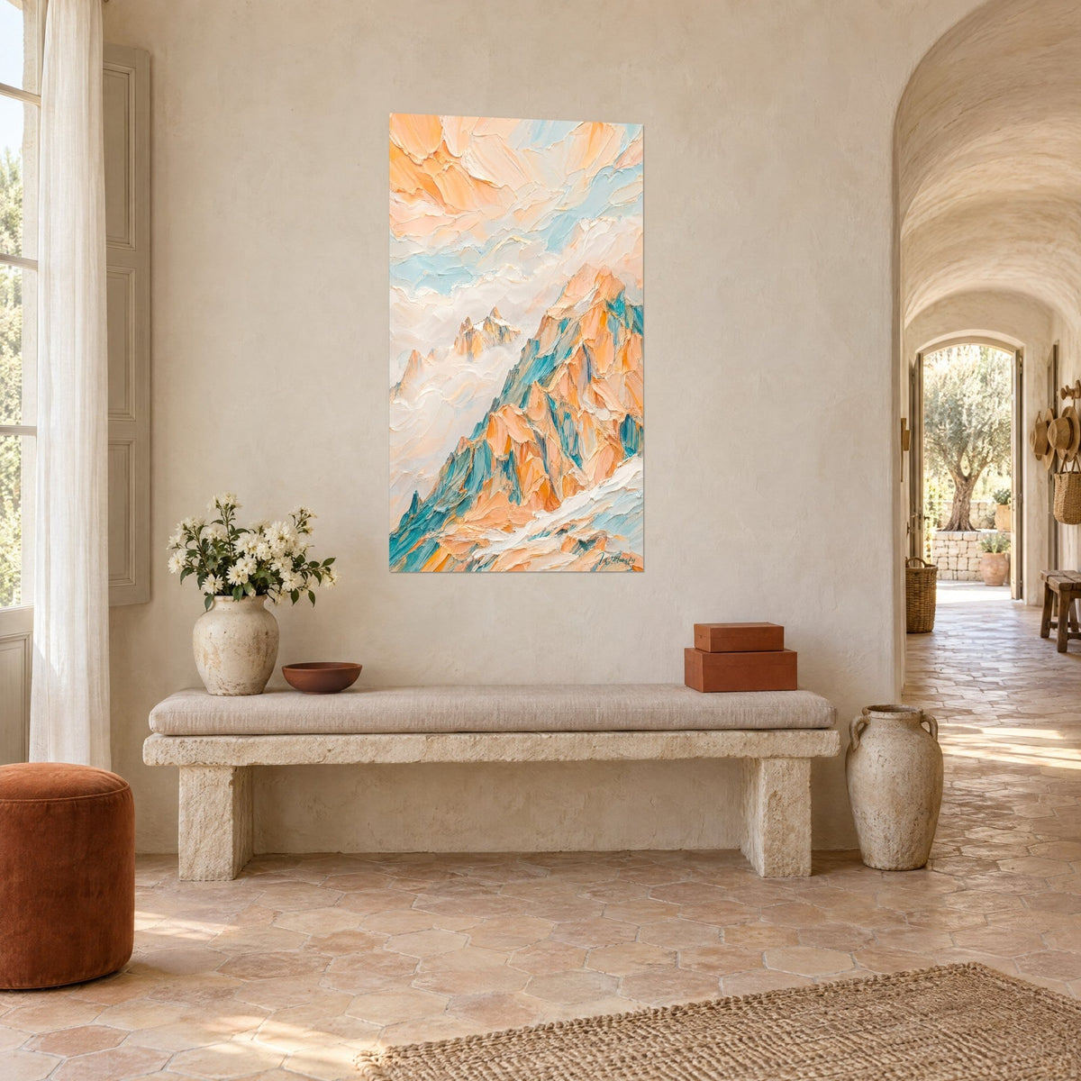 Wall art apricot and glacier blue mountain peak, pearlescent palette-knife strokes, on a white wall of a Provençal farmhouse, angled view