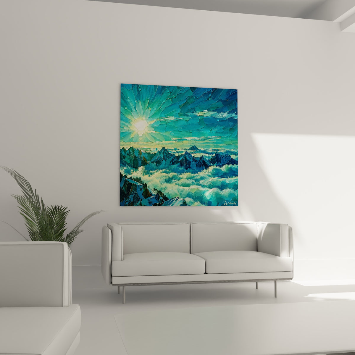 Chaîne de crêtes anthracite émergeant d'une mer de nuages vert d'eau, au-dessus d'un canapé dans un salon lumineux