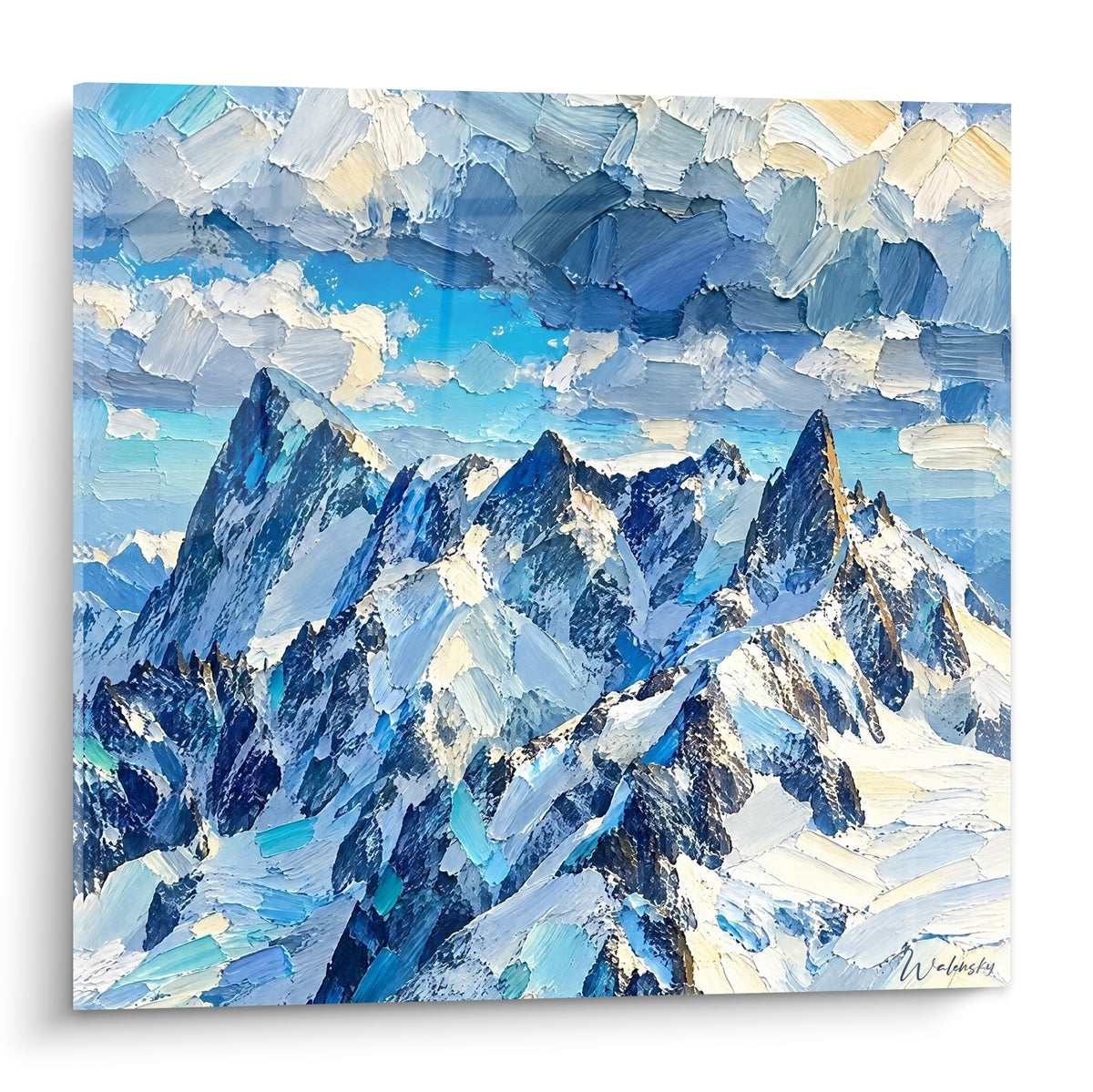 Cuadro Mont Blanc en cumbres azul marino y blanco, pintura gruesa a espátula bajo un cielo dorado