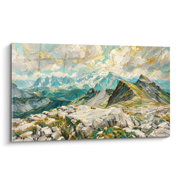 Tableau Éboulis rocheux vert et doré sous nuages empâtés - Chaos de pierres alpin - Edition Mont Blanc  Auvergne-Rhône-Alpes France