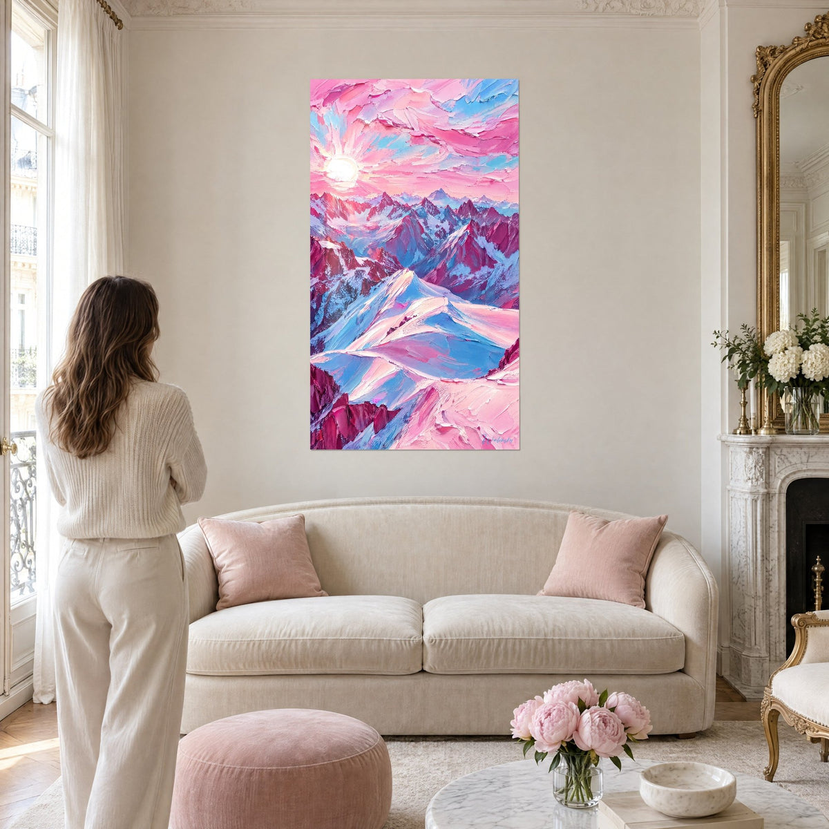 Gemälde mit mächtigem, verschneitem Gebirge und purpurnen Graten unter einer weißen, rosa und blauen Sonne, Frau von hinten, über einem Sofa in einem hellen Wohnzimmer