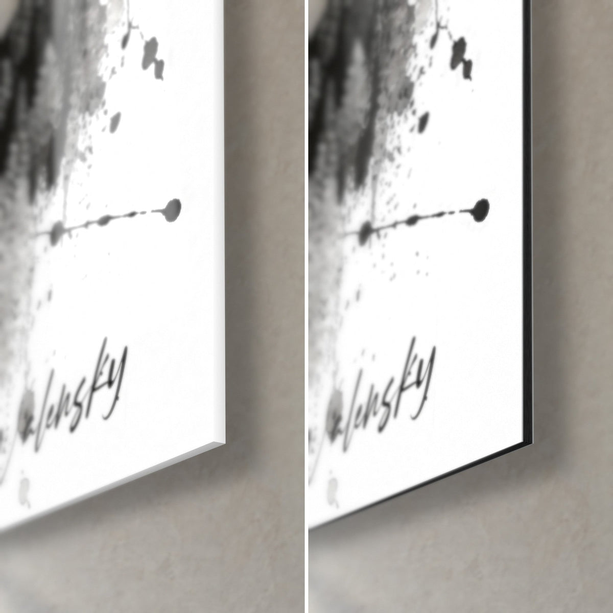 Wall art of an ink mountain landscape, bottom right corner: glossy acrylic glass on the left, matte white Dibond on the right, black signature