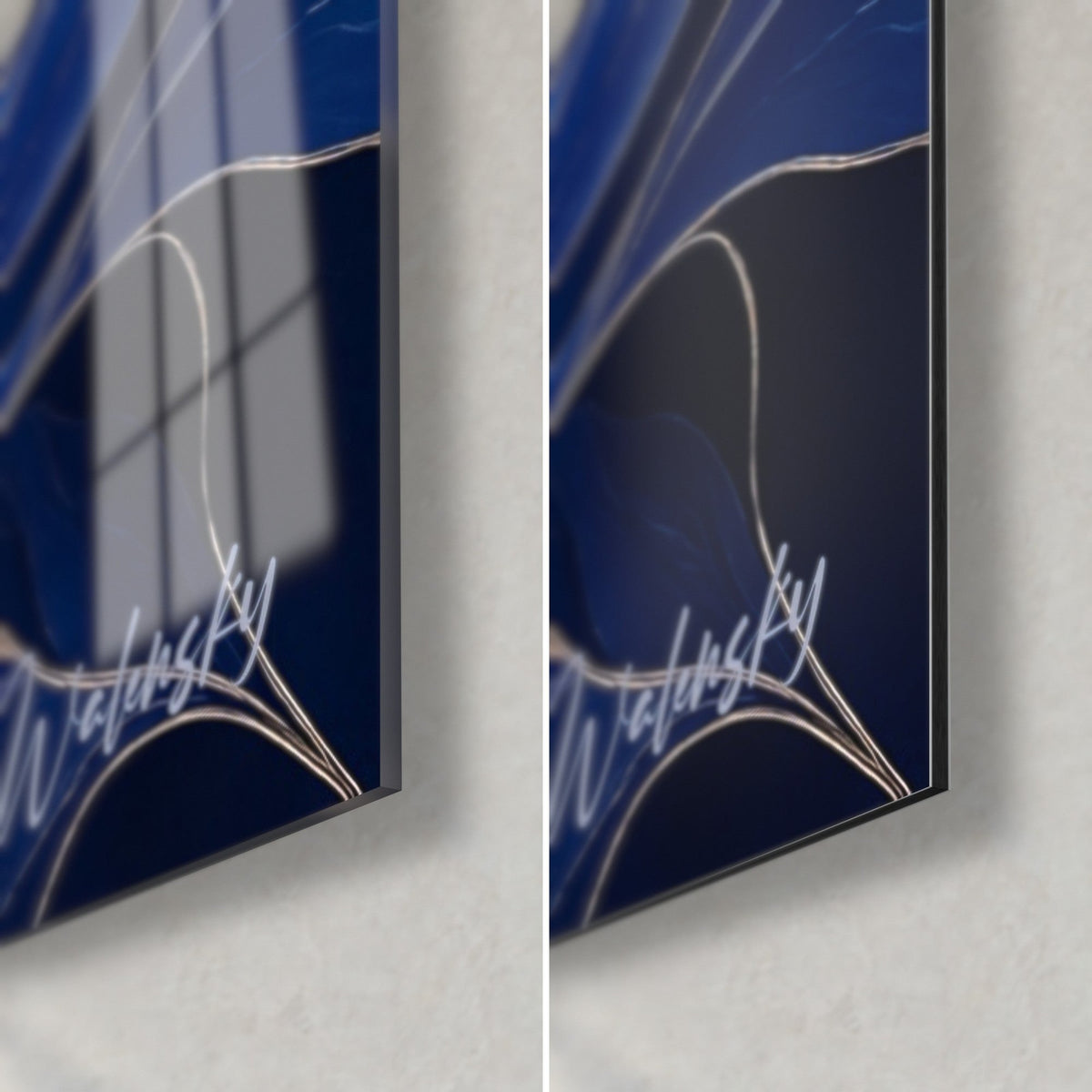 Wall art snowy indigo ridges, golden line and Walensky signature, bottom right corner: glossy glass, matte Dibond, 3 mm edge