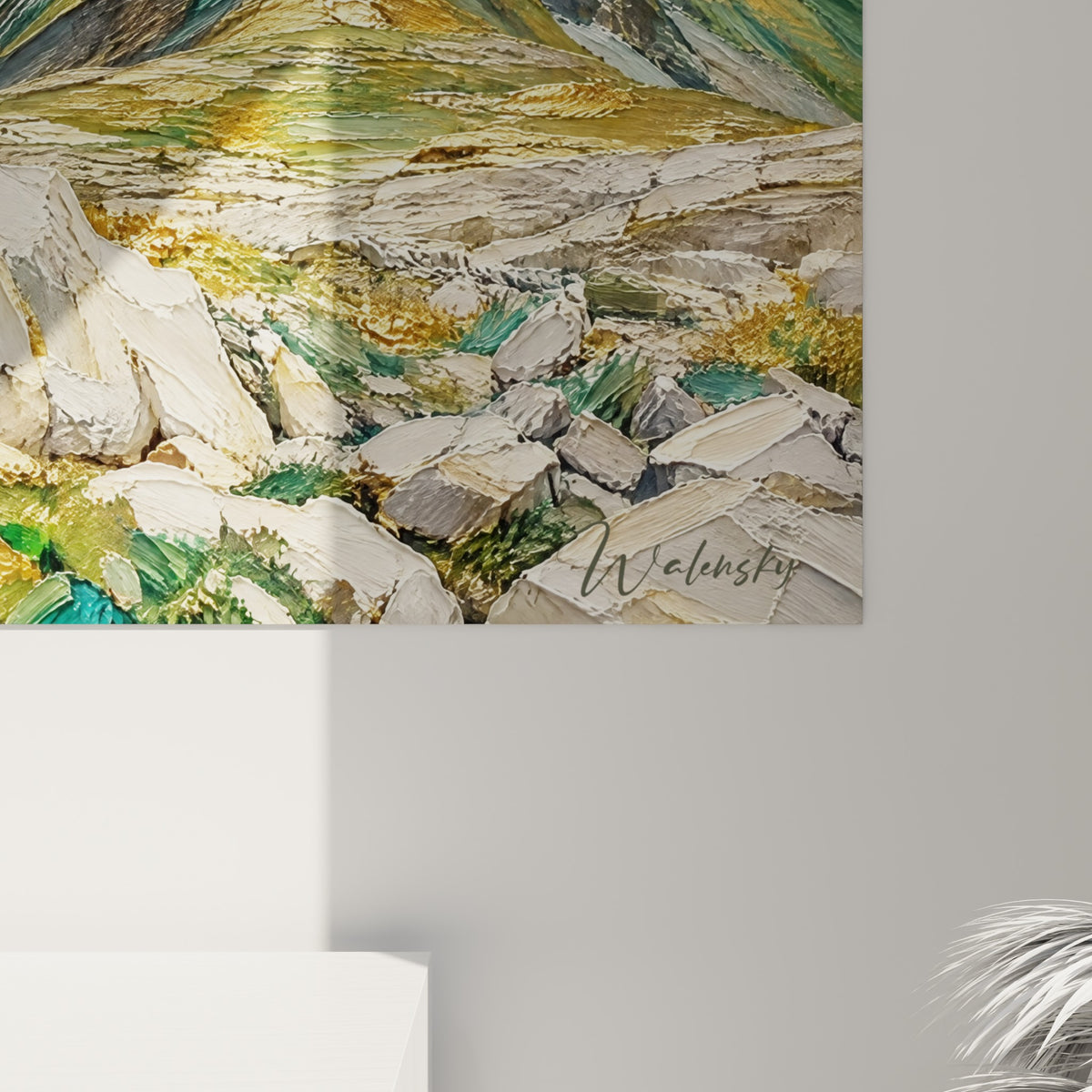 Détail des empâtements dorés et turquoise sur la roche alpine, matière sculptée en gros reliefs picturaux