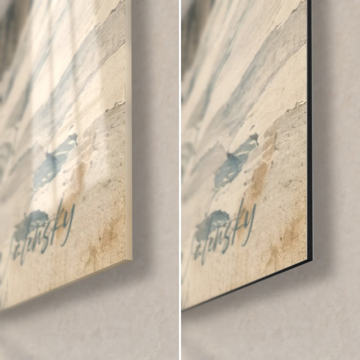 Wall art alpine peaks engraved in beige and blue, bottom right corner: glossy acrylic glass on the left, matt Dibond aluminium on the right, 3 mm edge