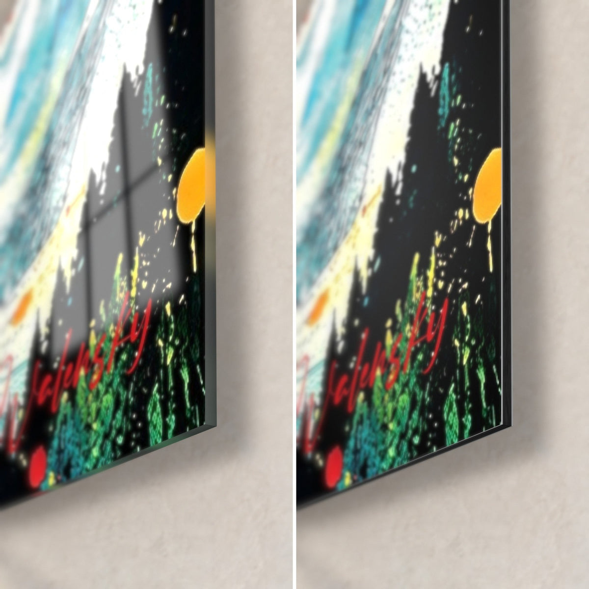 Gemälde Schneegipfel mit türkisfarbenen und grünen Spritzern, untere rechte Ecke: glänzendes Acrylglas und mattes Dibond, 3 mm Kante