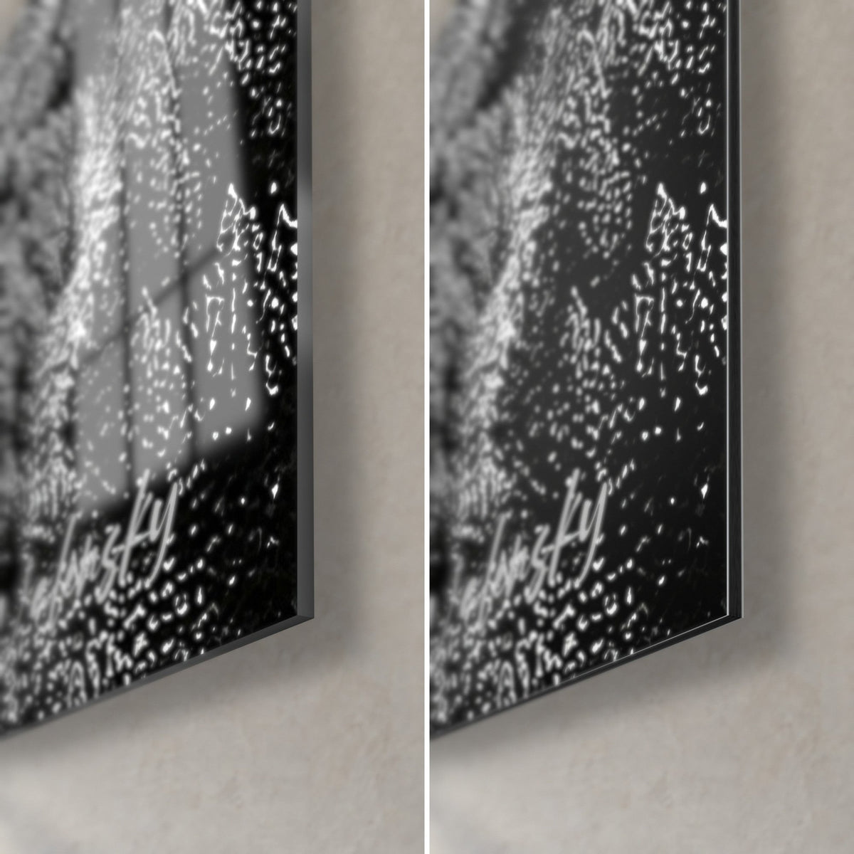 Gemälde Gipfel in punktierter Gravur, untere rechte Ecke: glänzendes schwarz-weißes Acrylglas auf mattem Dibond, 3 mm Kante