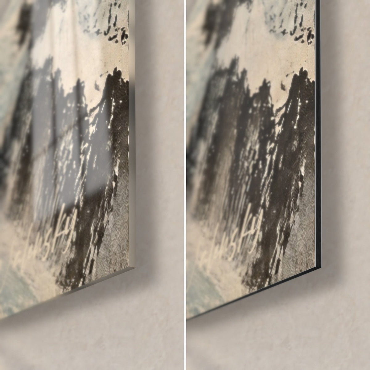 Wall art snowy peaks in beige and black, bottom right corner: glossy acrylic glass on the left, matte brushed Dibond aluminium on the right, 3 mm edge