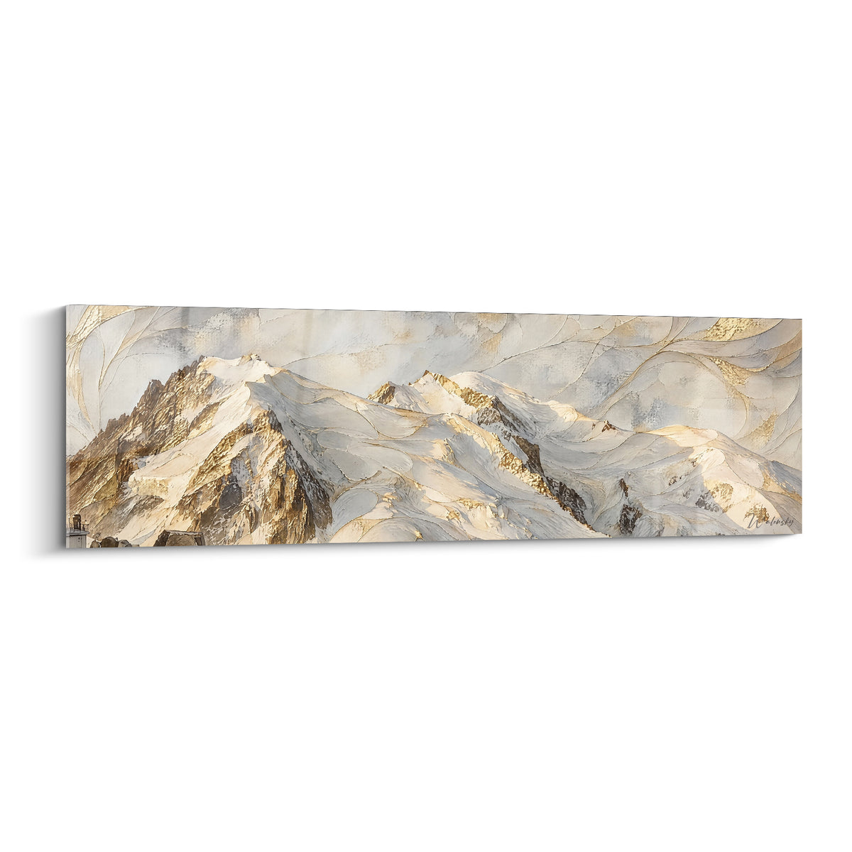 Gemälde massiver Mont Blanc in Gold und Silber, texturierte verschneite Gipfel unter einem grafischen goldenen Himmel