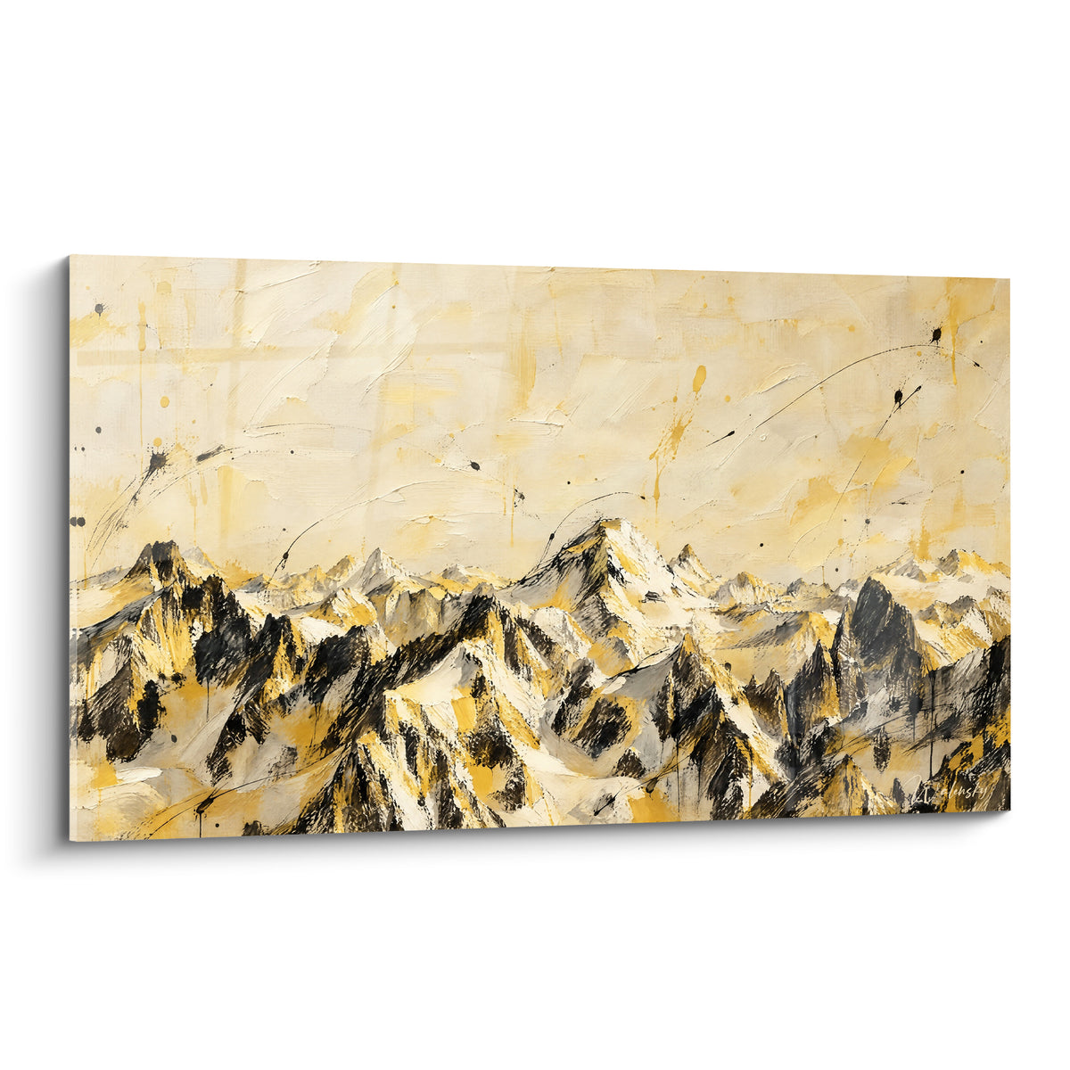 Cuadro cordillera del Mont Blanc en tonos ocre y negro, cumbres esbozadas bajo un cielo dorado texturizado.