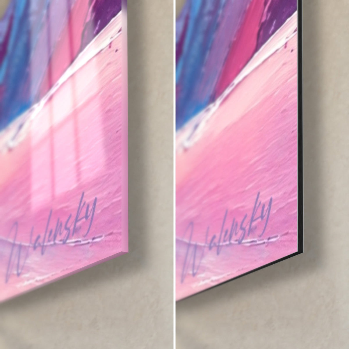 Wall art pale pink and blue alpine peaks, bottom right corner: glossy acrylic glass on the left, matte Dibond aluminium on the right, 3 mm edge
