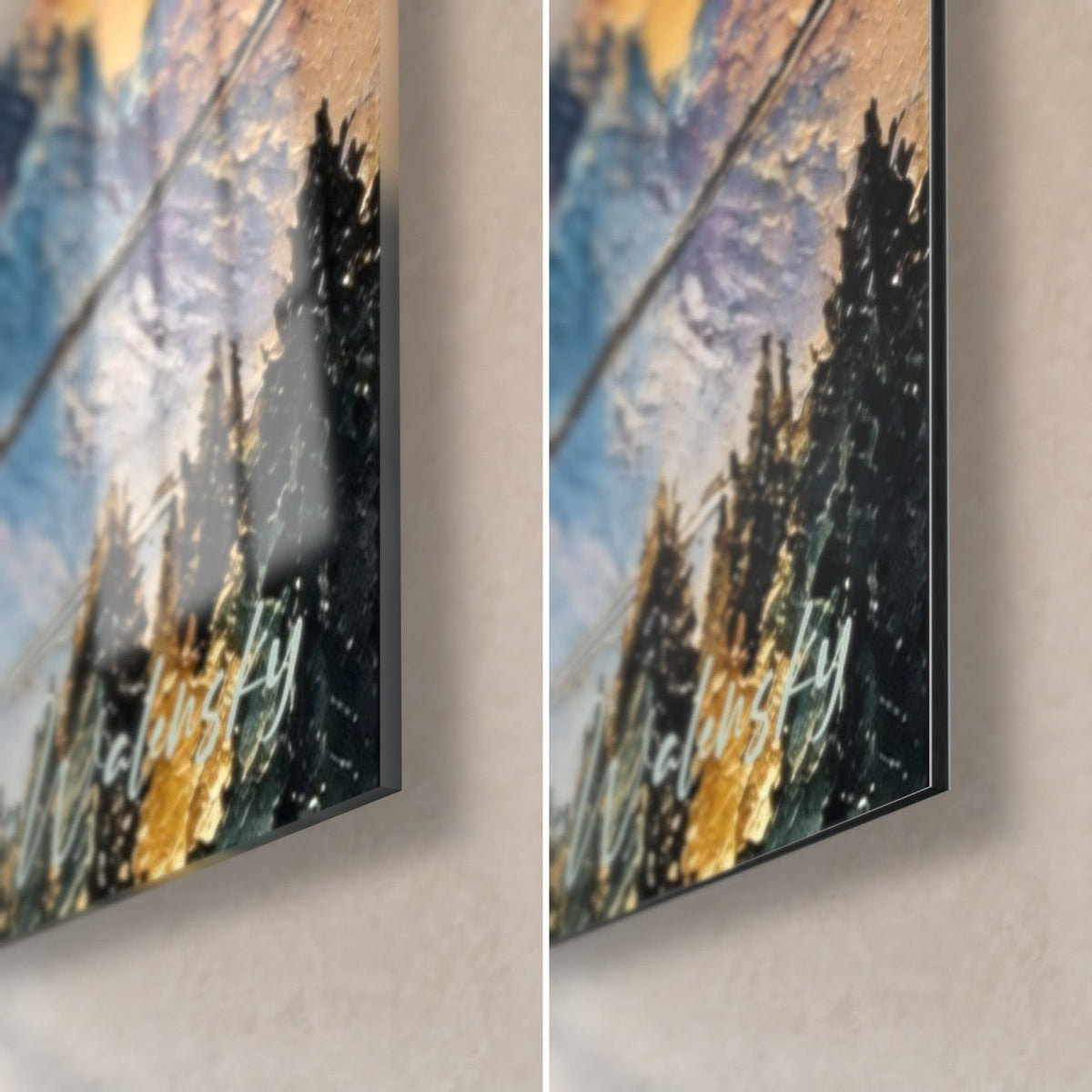Schilderij van een besneeuwde alpentop, rechtsonder: glanzend acrylglas met reflecties, mat Dibond-aluminium, groene sparren, dikte 3 mm