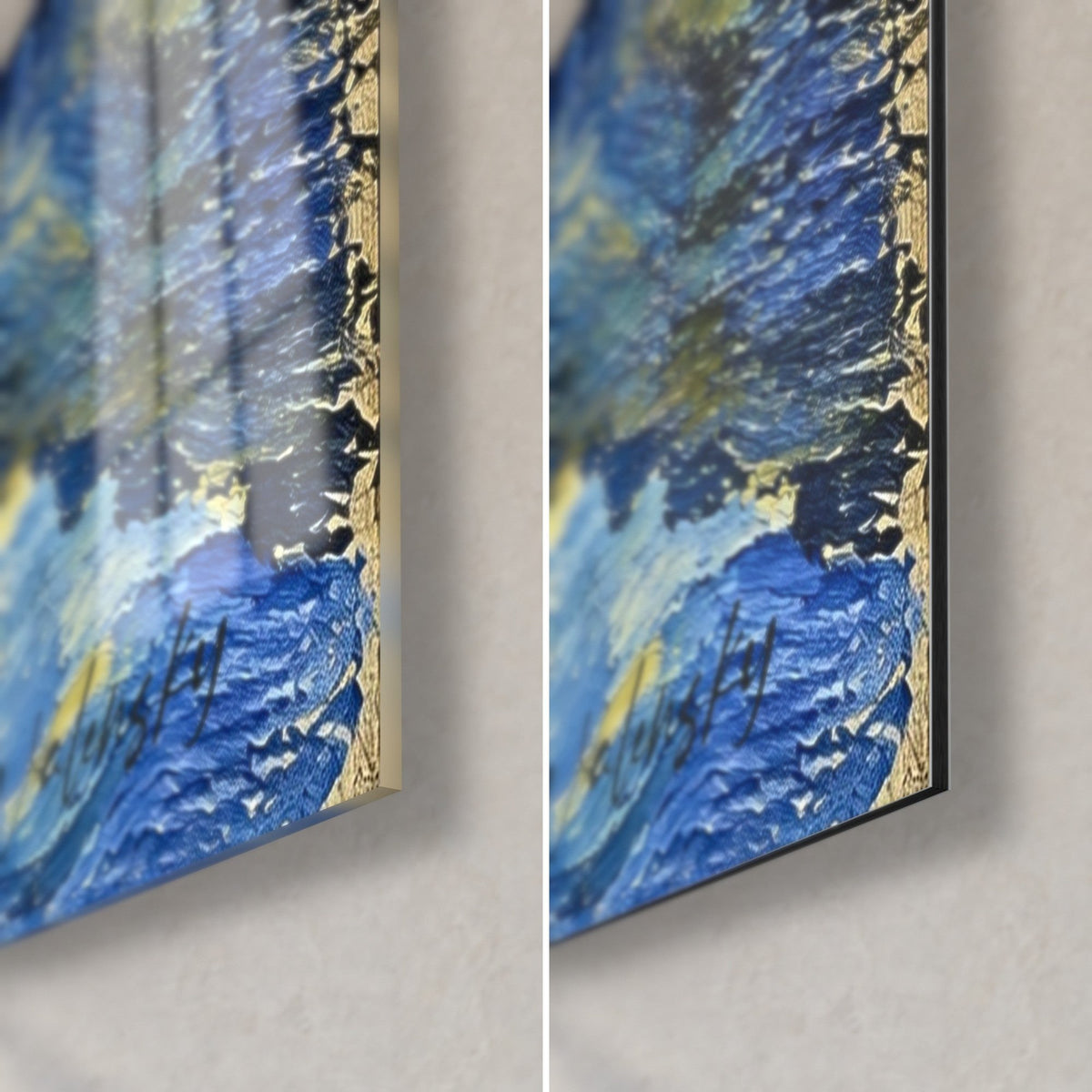 Gemälde Berghütte und goldener Mond, Ultramarinblau und Gold in dicker Pastellmalerei, glänzende Glasecke unten rechts und mattes Dibond