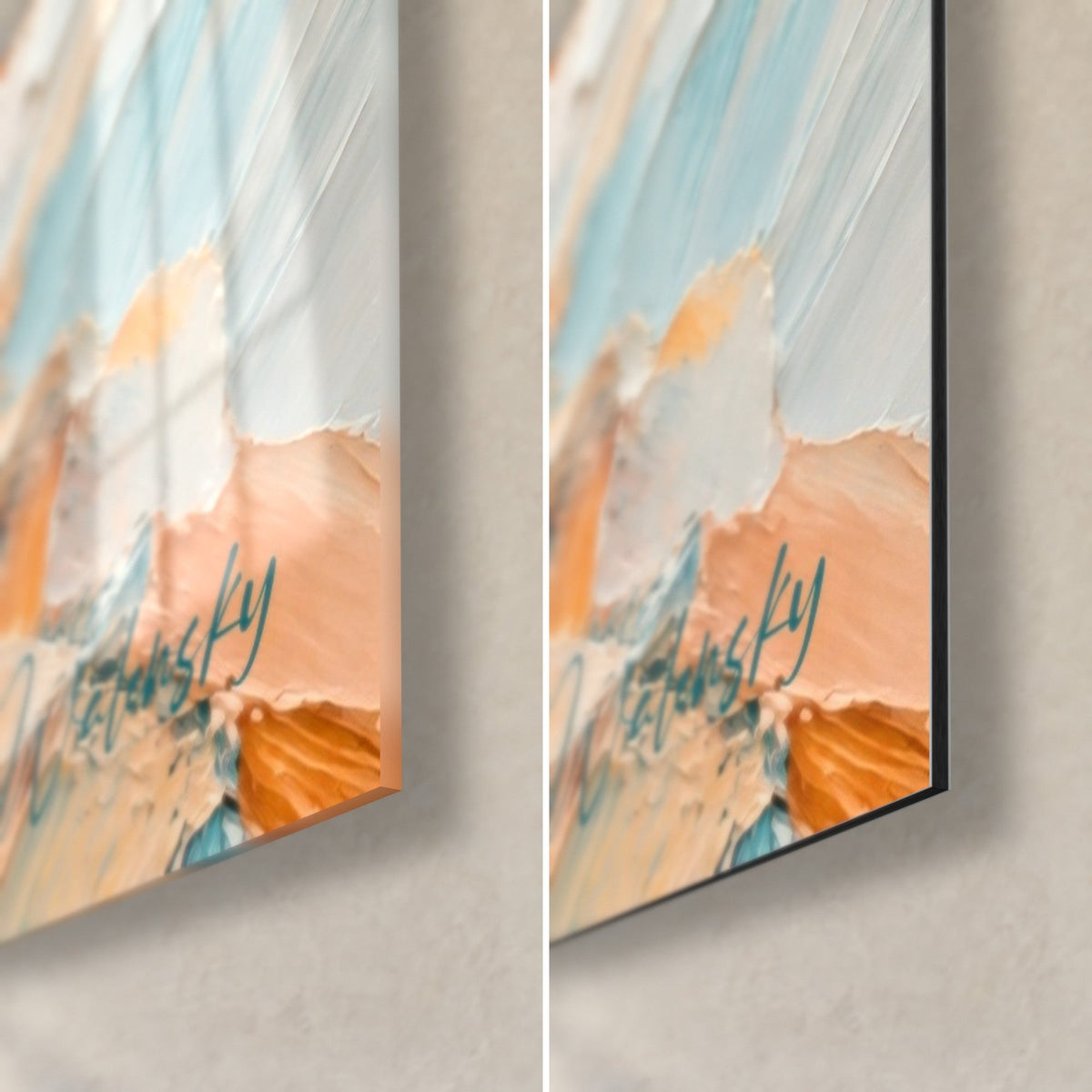 Wall art alpine massif in orange and turquoise impasto, bottom right corner: glossy acrylic glass and matte Dibond aluminium