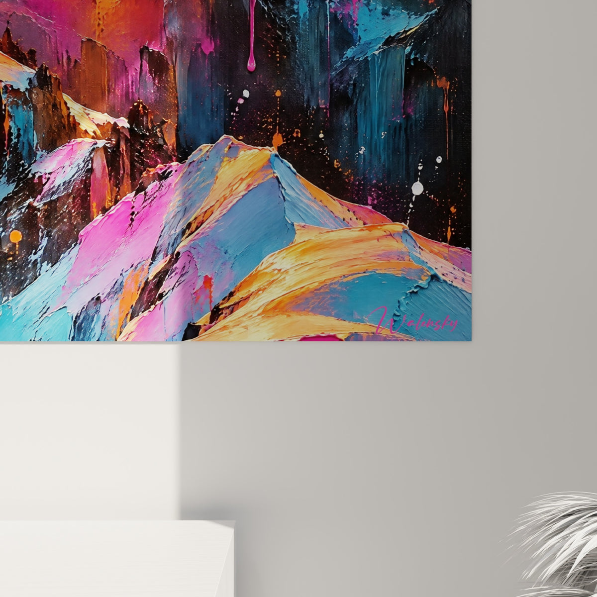 Empâtements épais orange et rose fuchsia, coulures de peinture, grain texturé visible sur la toile du Mont Blanc