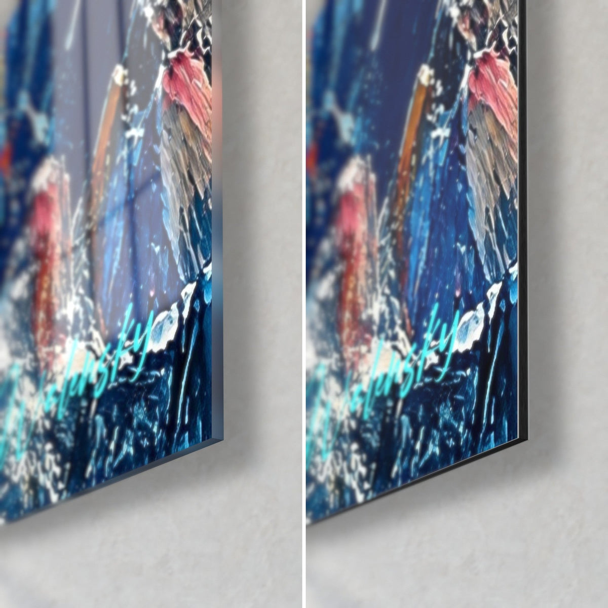 Gemälde verschneite Gipfel in pastoser Malerei, unten rechts: glänzendes türkisblaues Glas und mattes Dibond, 3 mm Stärke