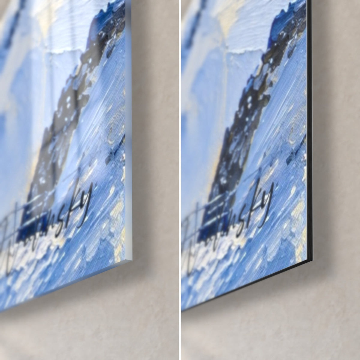 Wall art of jagged peaks in cobalt blue and white, bottom right corner: glossy acrylic glass on the left, matte Dibond aluminum on the right