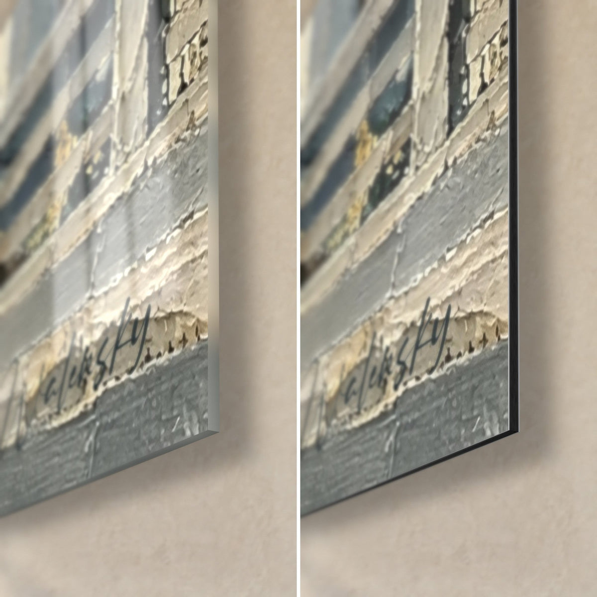 Wall art mountain hamlet in thick impasto, bottom right corner: glossy acrylic glass on the left, matte Dibond aluminium on the right, 3 mm edge